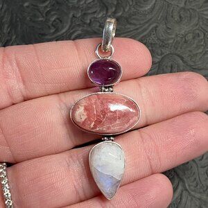 Amethyst Rhodochrosite and Rainbow Moonstone Pendant Crystal Jewelry